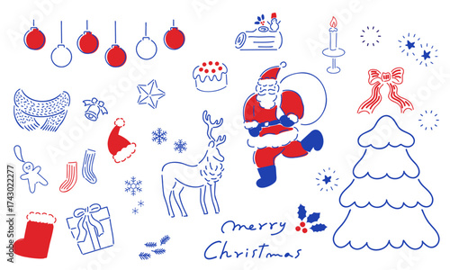 メリークリスマス！手書きイラストセット_落ち着いたネイビー＆レッド|
Merry Christmas! Hand-drawn Illustration Set,Calm Navy & Red