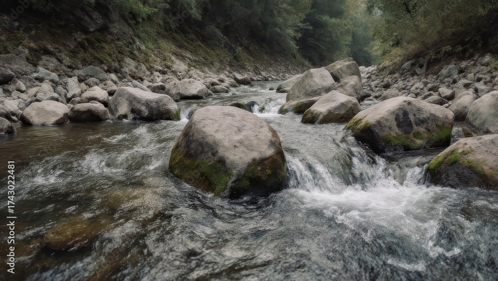 Fototapeta premium A flowing river cascades over mossy rocks in a forest, conveying serenity
