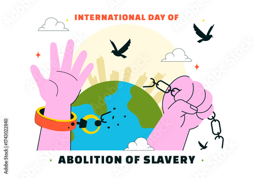 International Day for the Abolition of Slavery Illustration on December 2, Featuring Handcuffs, Broken Chains, and Flying Pigeons in a Background