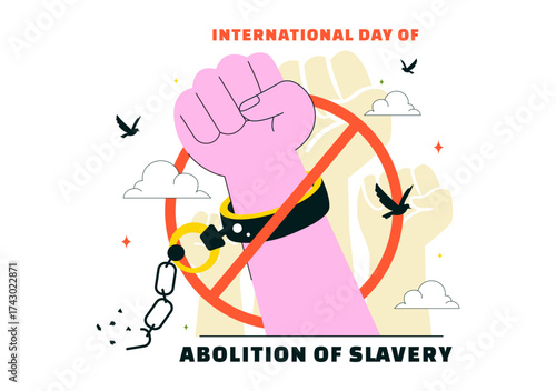 International Day for the Abolition of Slavery Illustration on December 2, Featuring Handcuffs, Broken Chains, and Flying Pigeons in a Background