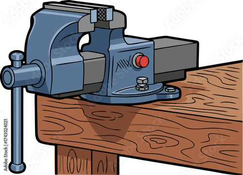 Cartoon Bench Vise with Red Button on a Wooden Workbench Illustration