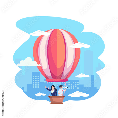 Business people in hot air balloons searching for new candidate employees, illustrating hiring and recruitment hr human resources. Flat style vector illustration