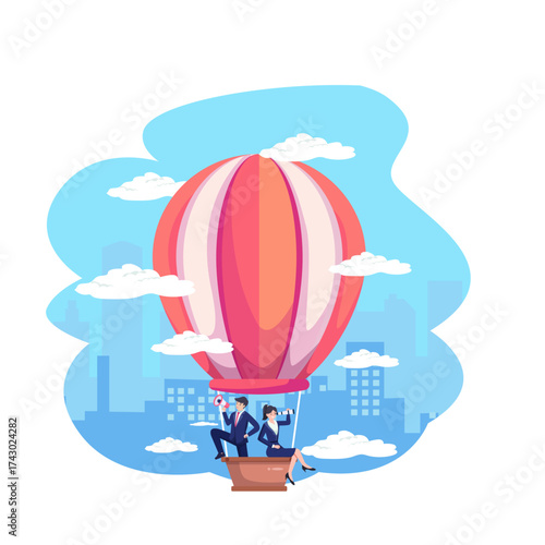 Business people in hot air balloons searching for new candidate employees, illustrating hiring and recruitment hr human resources. Flat style vector illustration