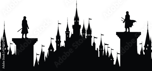 Epic fantasy castle silhouette, dramatic sword duel, medieval architecture, heroic figures, symmetrical composition, dark contrast, legendary battle scene, 