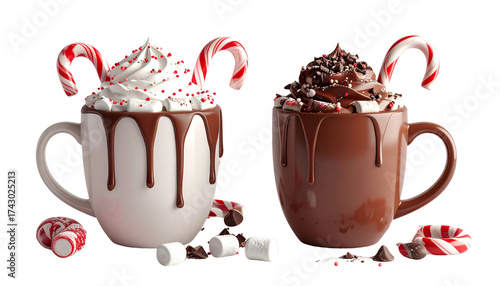  Winter 3D Hot Chocolate Duo with Marshmallows, Isolated on Transparent Background