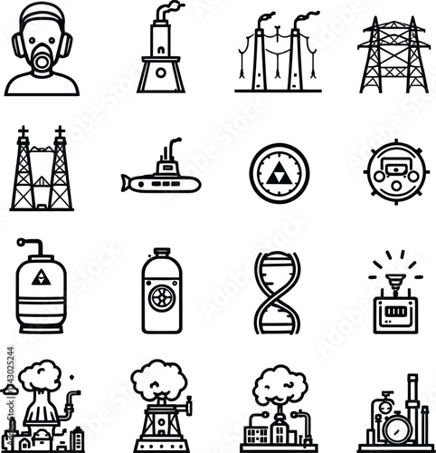 A collection of sixteen black and white icons representing various industrial and scientific themes silhouette