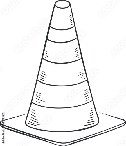 A simple line drawing of a traffic cone with horizontal stripes, isolated on a white background.