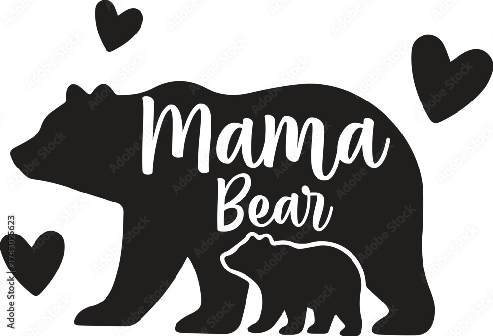 Obraz premium Mama bear and cub silhouette with hearts
