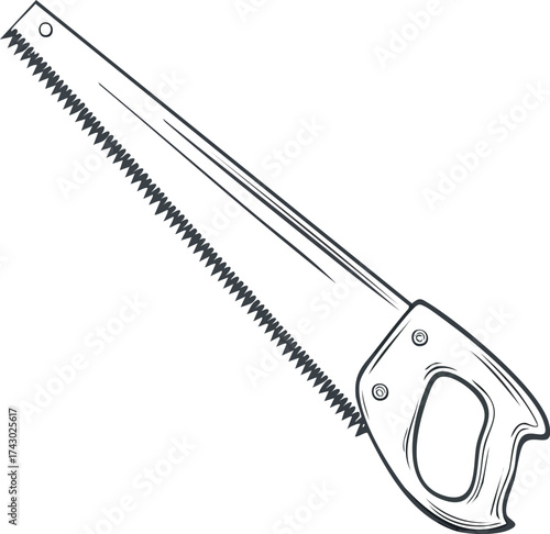 A detailed illustration of a hand saw, showcasing its blade and handle design.