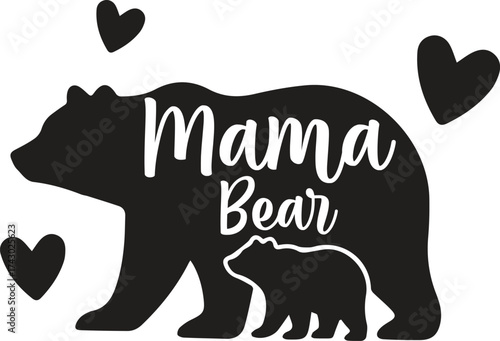 Mama bear and cub silhouette with hearts