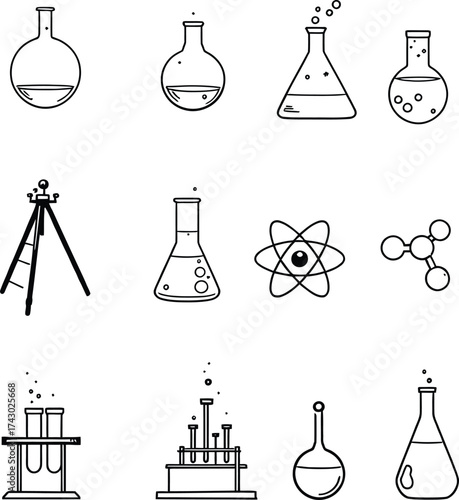 Illustration of laboratory equipment including flasks test tubes and atom molecule icons silhouette