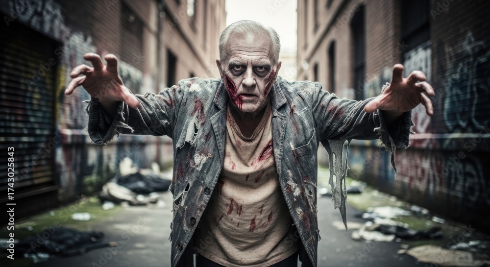 Obraz premium A man in a dirty, torn leather jacket and torn pants, with blood on his face and hands, standing in an abandoned alleyway with graffiti on the walls.