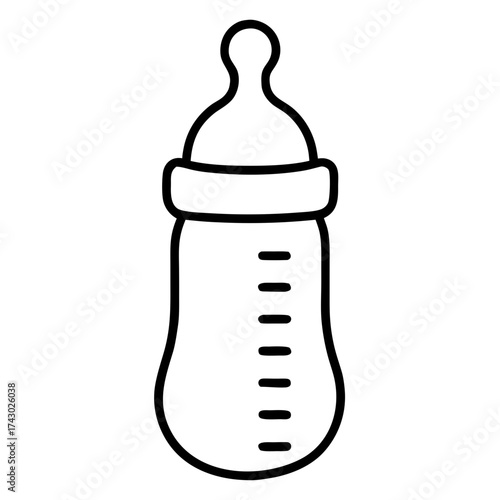 Illustration of a baby bottle with a nipple and measurement markings in a simple black outline design