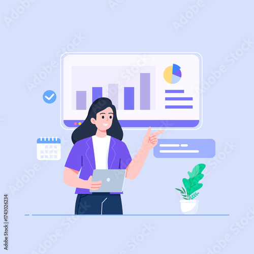 Business goal and target concept. Businessman pointing at bullseye financial target. Strategy for success, achievement, financial growth chart. Idea and innovation. Vector illustration.