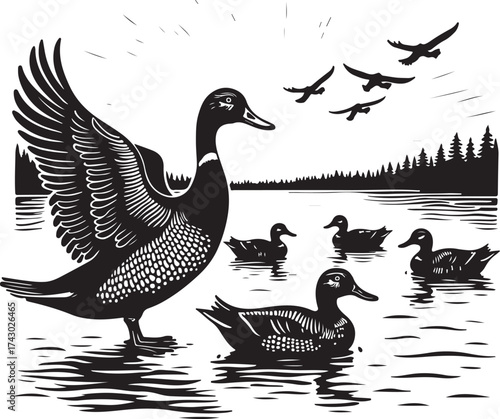 Black and white illustration of ducks on water with birds flying