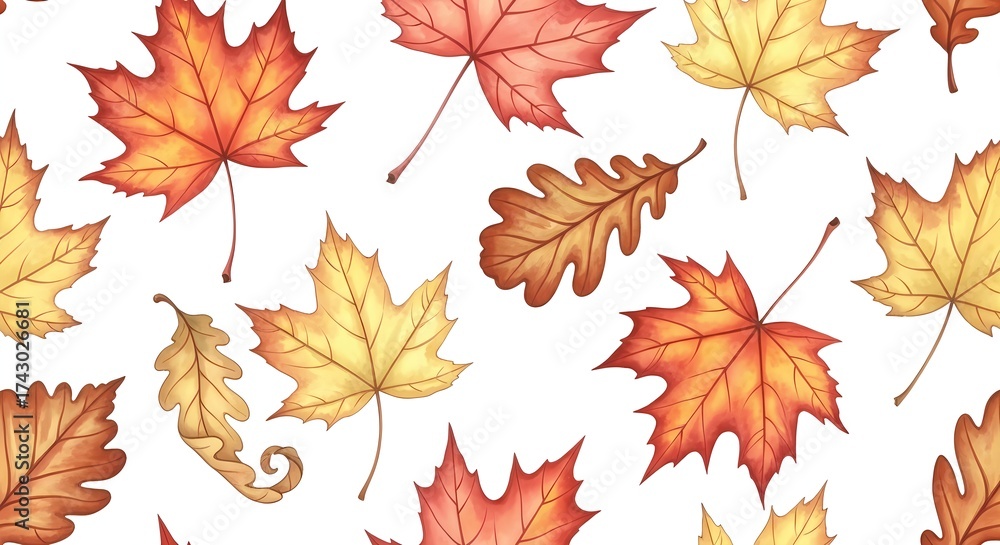 Fototapeta premium Seamless watercolor pattern featuring various hand-painted autumn leaves in warm orange, red, and yellow colors on a white background