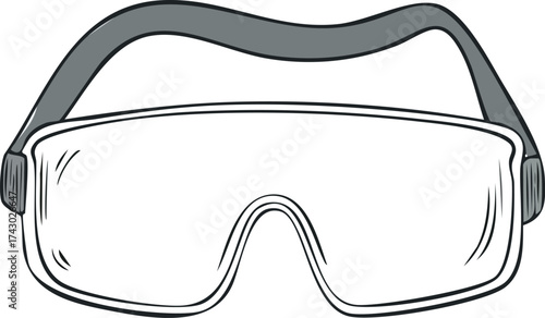 A simple illustration of safety goggles, with clear lenses and a grey strap.