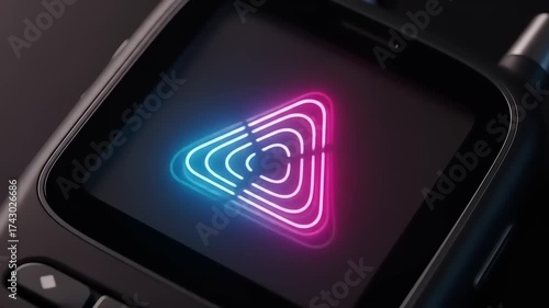 Neon Play Button Animation on a Smartwatch Screen.