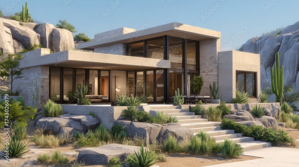 Fototapeta premium modern desert house with smooth beige tones, big glass panels, surrounded by cacti, natural light, hyperrealistic 