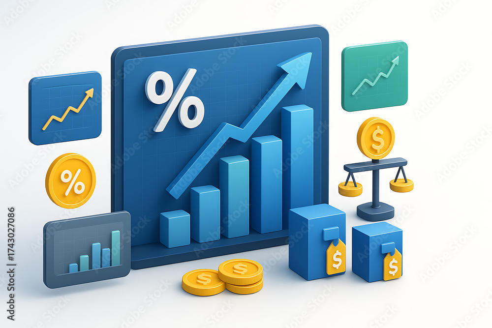 3d Business graph with percentage, shopping discount and tax adjustment concept, interest rate changes to fight inflation, investment return, and retail sales growth strategy