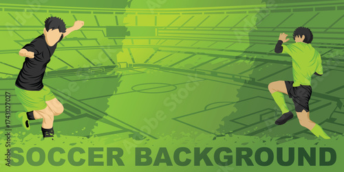 Soccer Sport Background with Soccer Football Players in Dynamic Motion and Stadium Arena Grunge Style