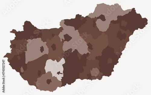 Map of Hungary with regions. Just a simple country border map with region division. Brown color palette. Flat Hungary shape with administrative division. Vector illustration.