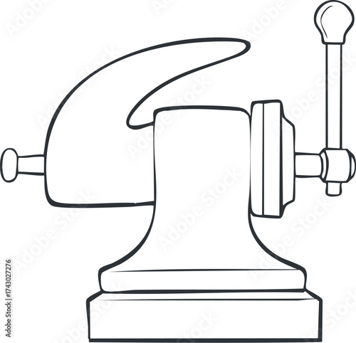 Hand-drawn line art concept of a robust bench vise, illustrating the classic mechanical tool essential for clamping objects securely during various woodworking, metalworking, or crafting projects