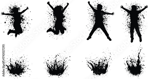 Happy children jumping silhouette with ink splash effect, abstract vector design showing fun energy motion and artistic expression conceptHappy children jumping silhouette 