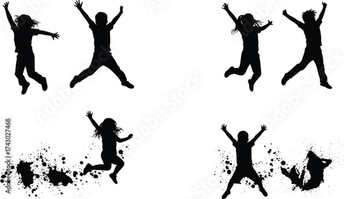 Happy children jumping silhouette with ink splash effect, energetic kids in motion expressing joy, freedom, and playful artistic design illustration