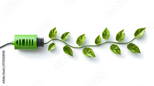 Green plug eco energy sustainability renewable power clean technology green leaf white background minimal design electricity environment