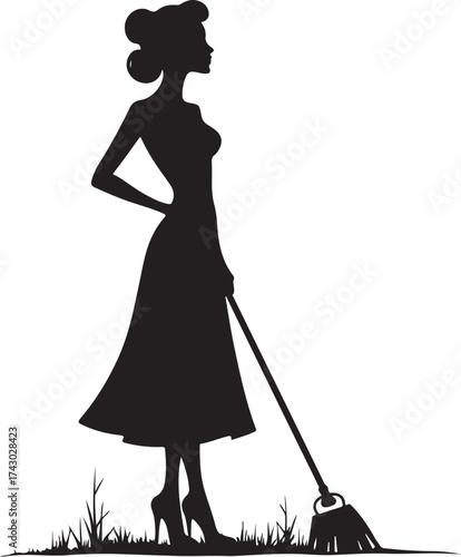 Black silhouette of a woman in a dress holding a broom
