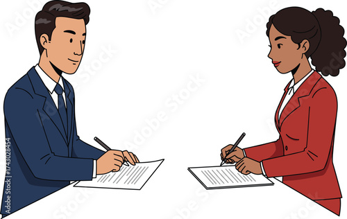 Business agreement illustration, professional contract signing, office collaboration, corporate partnership, legal document, teamwork discussion, workplace communication, career growth, business deal