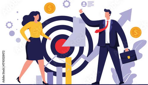 Business goal achievement illustration, career success, professional teamwork, corporate strategy, leadership development, financial growth, marketing communication, target planning, business vision