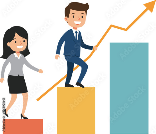 Business growth illustration, career progression, professional success, teamwork achievement, corporate strategy, leadership development, financial progress, upward arrow, bar chart, business