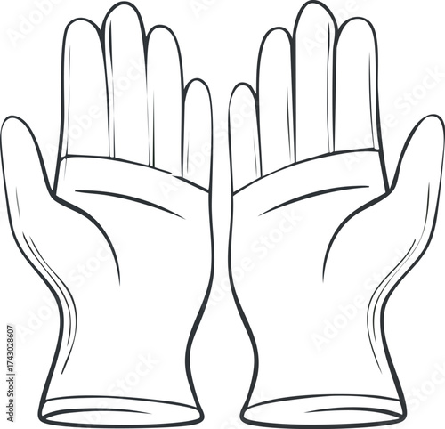 A simple black and white illustration of two open hands wearing protective gloves.