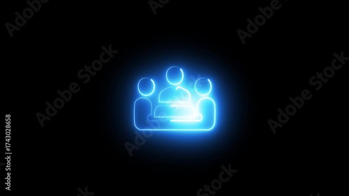 Bright Blue Neon Icon of Three People in a Meeting on Black Background group team
