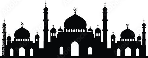 Islamic mosque silhouette vector illustration, Arabic architecture art, Muslim culture, religion faith, worship place, spirituality, holy dome, sacred building design
