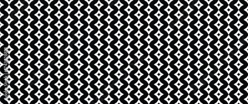 Abstract floral seamless pattern. Vector black and white background. Simple geometric leaf ornament. Delicate luxury graphic texture with diamond shapes, stars, rhombuses, square grid. Elegant design