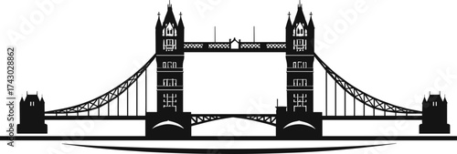 Iconic Tower Bridge vector silhouette, famous London landmark, historical architecture illustration, travel symbol, urban design, and tourism art concept