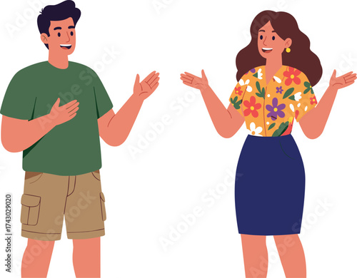 Friendly conversation between two diverse people, casual clothing, floral blouse, cargo shorts, social interaction, communication, lifestyle illustration, smiling characters, dialogue scene