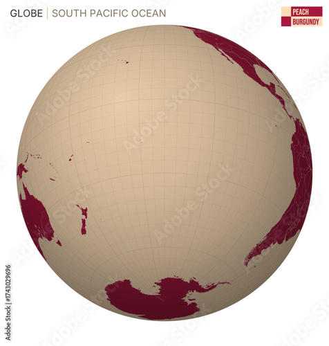Vector Globe centered to South Pacific Ocean. Peach Burgundy palette. World map with meridians, parallels, countries, rivers and lakes. Trending vector illustration.