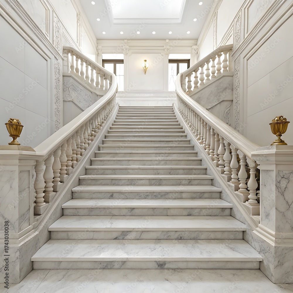 Fototapeta premium Elegant marble staircase with ornate balustrade isolated on white or transparent background