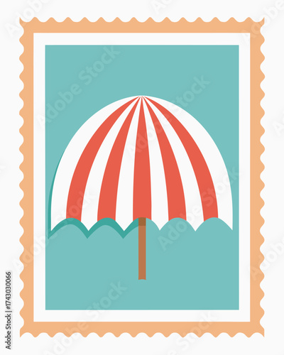 Vector art of a charming summer beach umbrella illustration in a decorative postage stamp frame