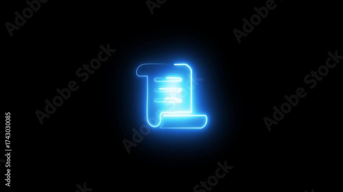 Blue neon outline of a scroll or document icon on a black background paper parchment