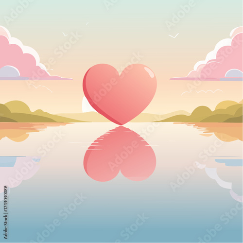 Romantic Heart Reflection A Serene Flat Vector Art Scene of Love and Tranquility