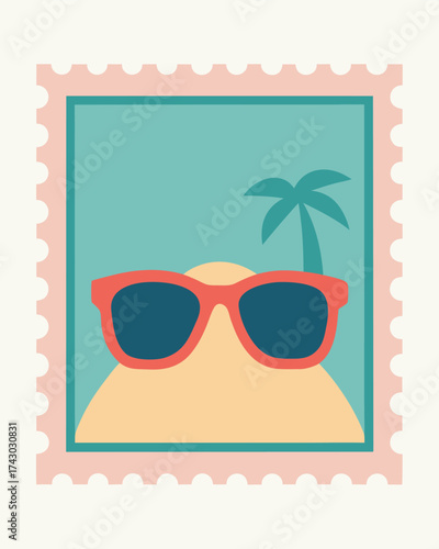 Vector art of a cute summer stamp with sunglasses on a sand dune and a palm tree in the background on a
