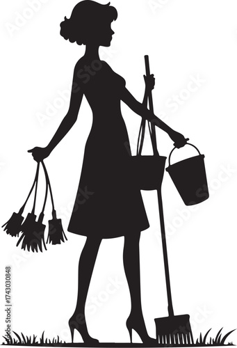 Black silhouette woman holding cleaning tools and bucket