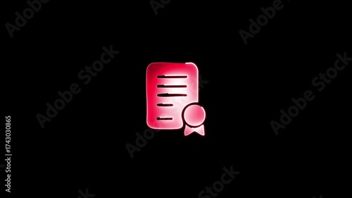 A bright pink glowing icon of a certificate with a seal on a black background diploma award