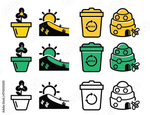 Set of eco friendly icons representing plants recycling and bees