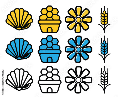 Collection of stylized icons representing nature and summer themes